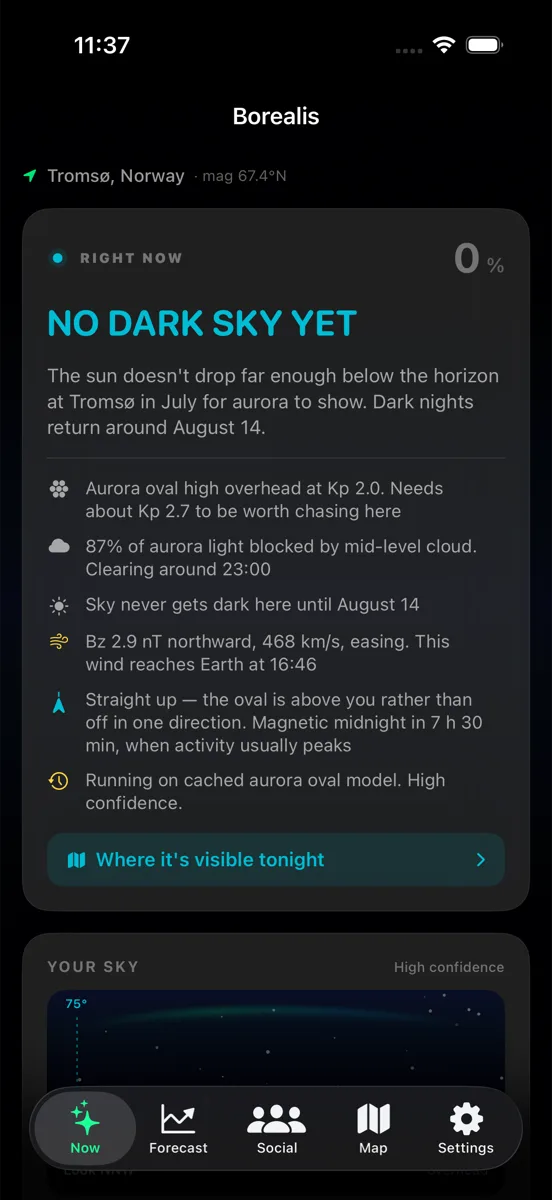 Borealis aurora forecast app showing live northern lights probability for Tromso, Norway, with Kp index, cloud cover and darkness broken out as separate factors